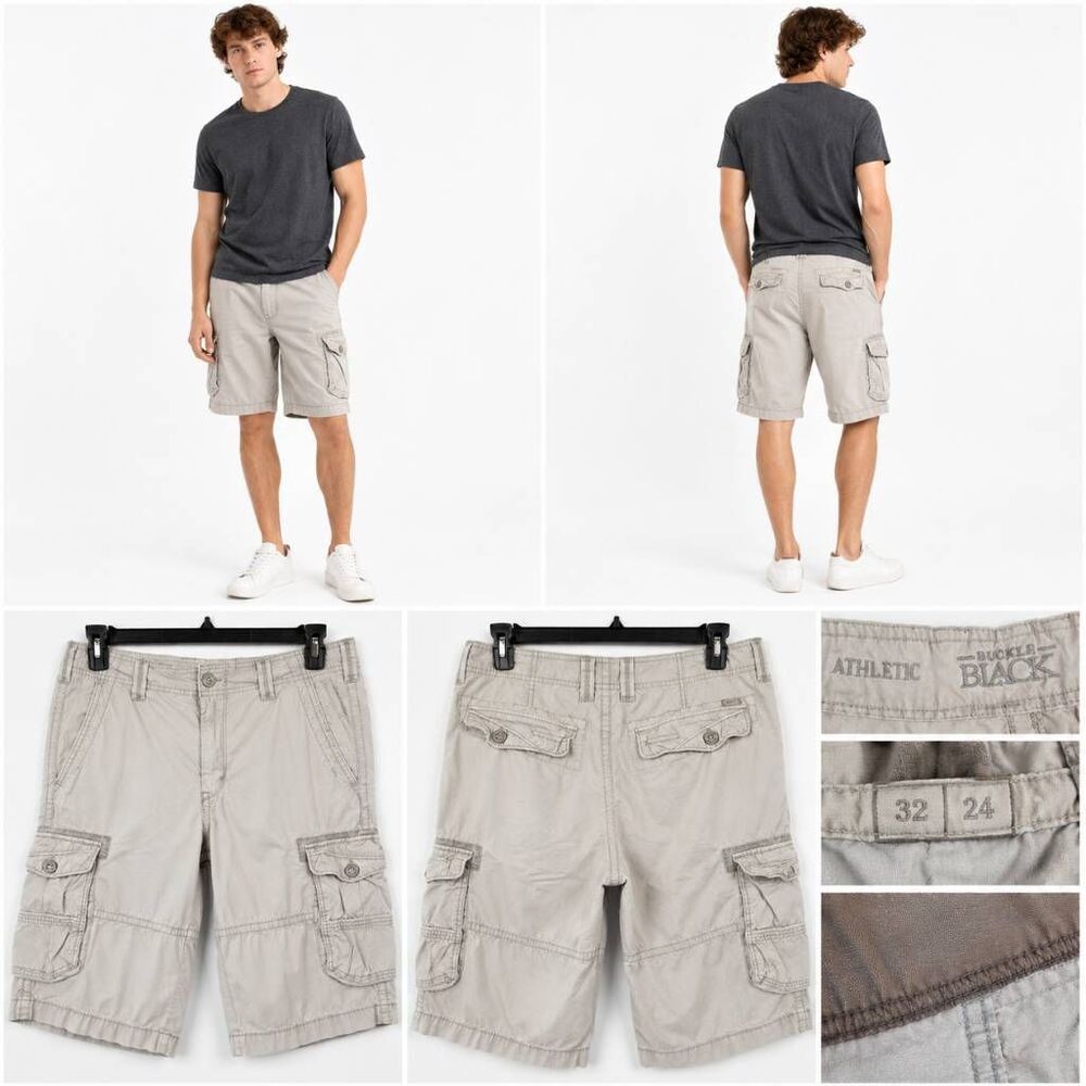 Buckle Black Athletic Beige Cargo Shorts Men's 32 Cotton